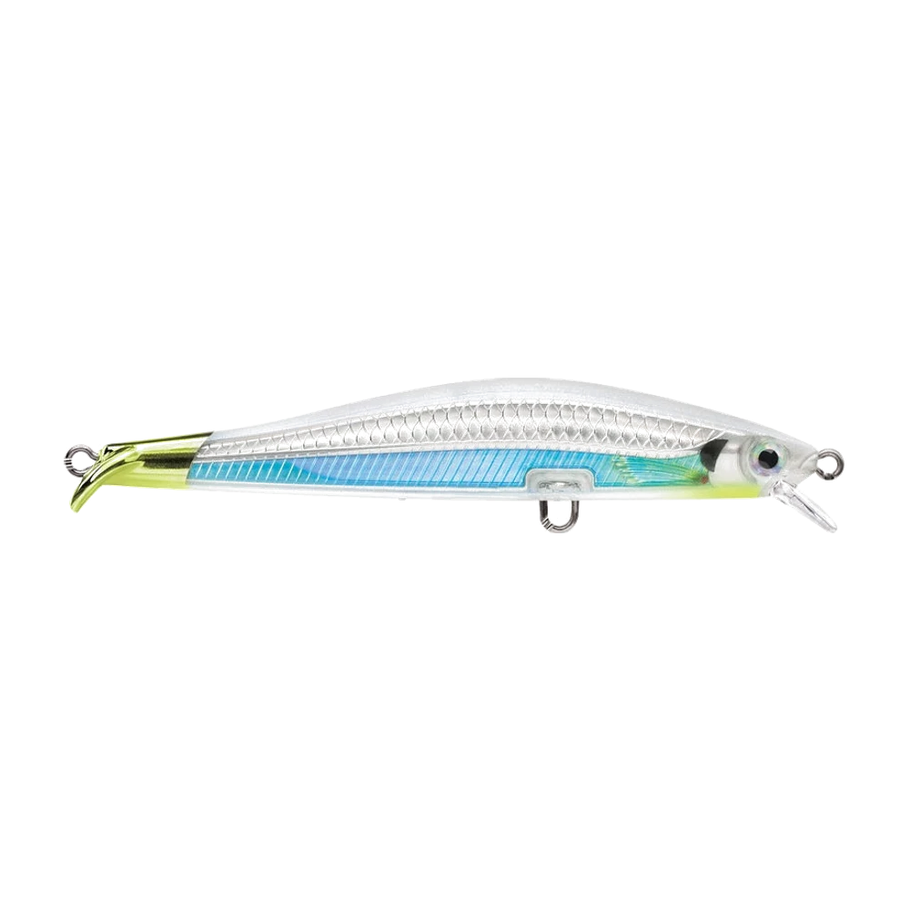 Rapala RipStop 09 mit perlmuttfarbenem Körper, silbern geschuppten Flanken, durchscheinend blauem Seitenband, Chartreuse-Kehle, großem 3D-Auge, kleiner vorderer Tauchschaufel und starrem, nach unten abgewinkeltem Chartreuse-Schwanz, ohne Drillinge fotografiert