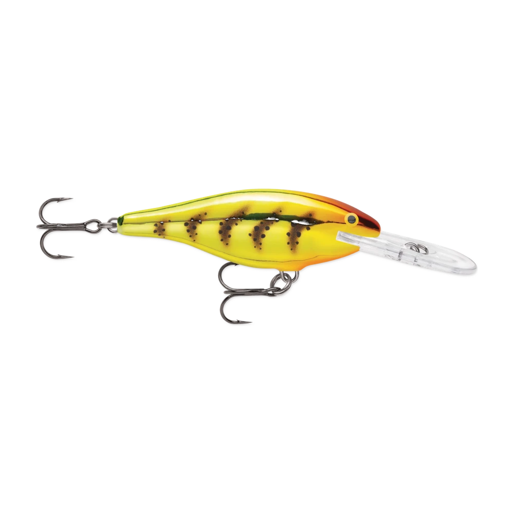Rapala Shad Rap SR07, coloris Perche (dos vert doré écaillé, flancs jaunes tachetés, gorge orange), bavette plongeante translucide
