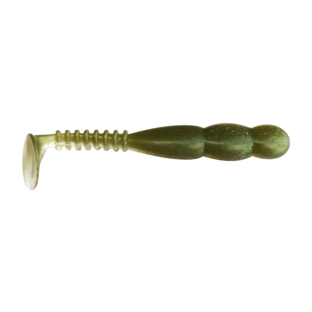 Reins Fat Rockvibe Shad soft lure in olive green colour, thick ringed body with a wide paddle tail