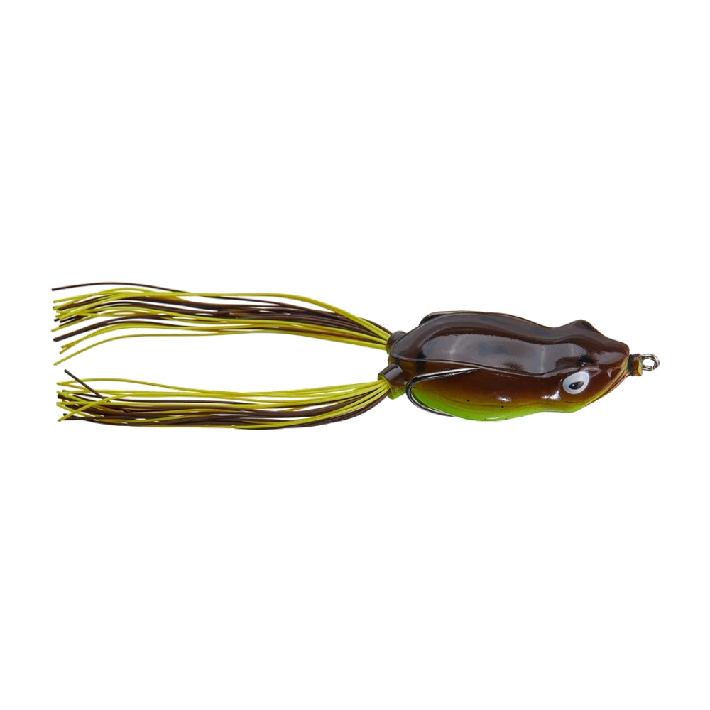 River2Sea Bully Wa 2, dos brun à taches sombres et ventre chartreuse, double hameçon plaqué contre les flancs pointes vers l'avant, pattes en jupe silicone brune et chartreuse