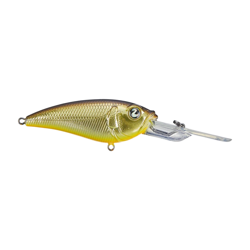 River2Sea Tactical DD Crankbait, corps doré écaillé à dos olive et ventre jaune, longue bavette translucide avec anneau de tête monté dessus, anneaux brisés nus sans triples
