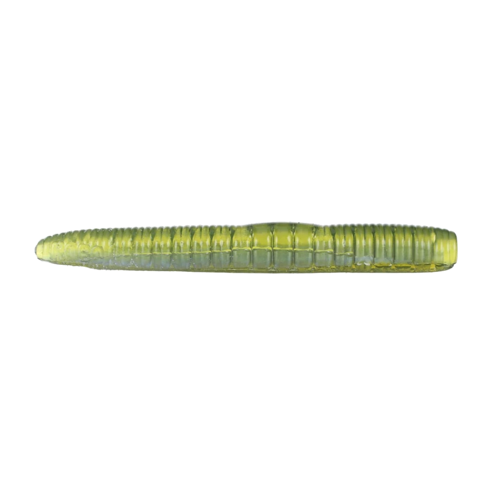 Roboworm Ned Worm, bâtonnet souple court et épais à corps fortement annelé, lamination chartreuse sur le dessus et ventre translucide bleuté, extrémités arrondies