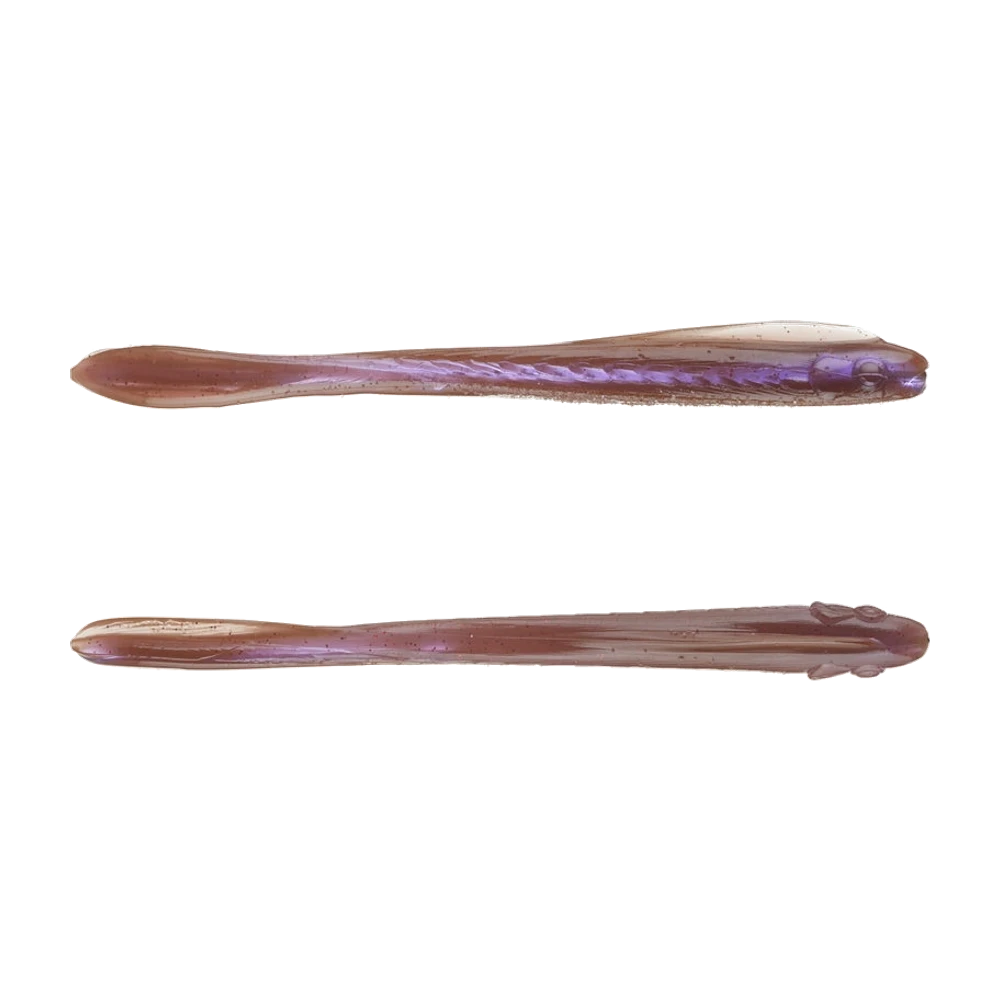 Zwei nackte Roboworm Sculpins in durchscheinendem Violettbraun mit Glitter, von der Seite und von oben, geformter Kopf mit Auge und Kiemendeckel, flacher spitzer Schwanz
