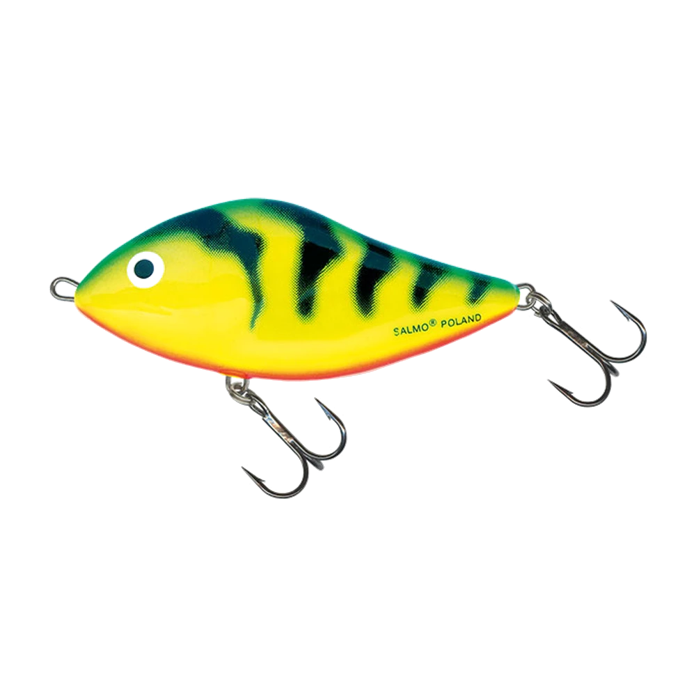 Salmo Slider coloris perche jaune/vert rayé, corps ventru en HIP et double hameçon triple
