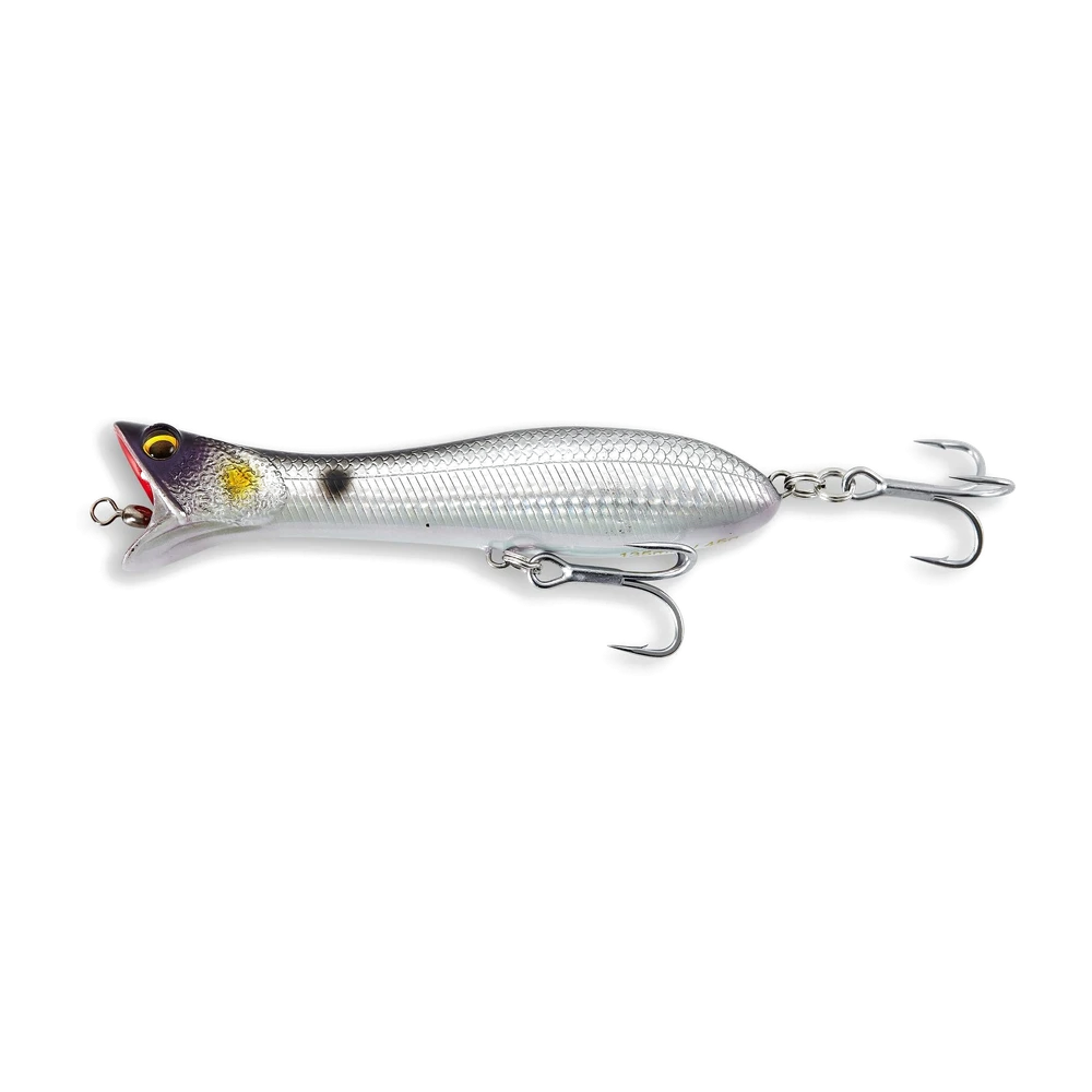 Popper Savage Gear Panic Popper 95 en coloris Chrome Sardine, corps argenté et dos sombre, vue de profil