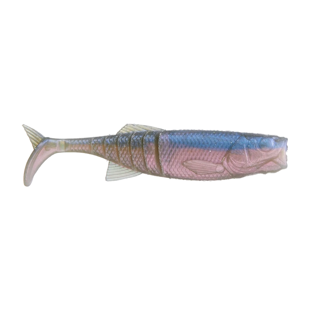 Savage Gear Ned Minnow nu, dos bleu et flanc rose translucide, corps haut entièrement écaillé, nageoires moulées, nez coupé droit et petite queue en T