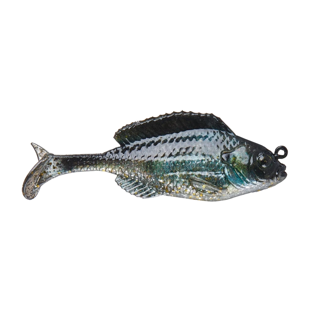 Savage Gear Structure Gill coloris Ghost Gill, corps de bluegill translucide pailleté or et argent, dos vert sombre, haute nageoire dorsale moulée, queue en T, boucle de fil sortant du museau, photographié sans hameçon monté