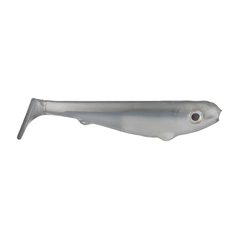 Scottsboro Swimbait translucide gris perle, dos bleuté, œil argenté à pupille noire, logement d'hameçon peu profond le long du ventre, queue plate et striée sur un pédoncule fin, photographié sans armement