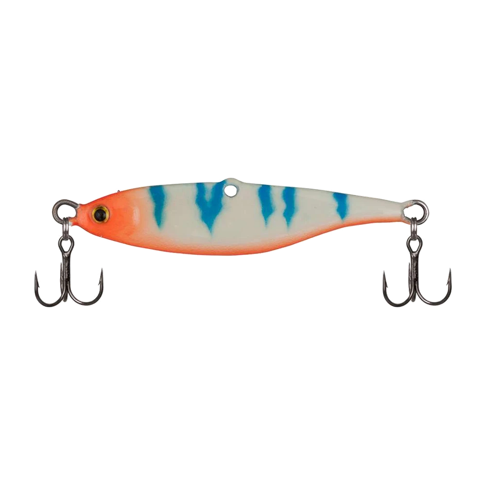 Sébile Vibrato VB-021, coloris blanc nacré à barres verticales bleues et tête/ventre orange, corps compressé avec âme métallique traversante