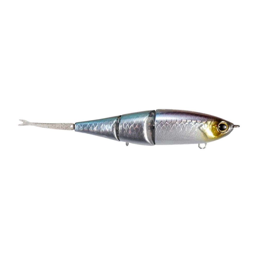Shimano BT Bait 99SS de profil, corps rigide en trois segments à écailles holographiques, dos brun violacé, flanc argenté, joue dorée, œil 3D à iris doré et pupille noire, anneau de tête au bout du nez, deux portes-hameçons sous le ventre et aucun hameçon monté, queue souple translucide pailletée de noir et fendue en deux pointes