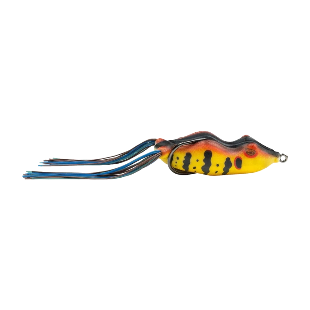 Snag Proof Bobby's Perfect Frog im Profil, leuchtend gelber Hohlkörper mit schwarzen Querbalken, orange und rote Schultern, schwarzer Rücken, gemaltes Auge mit rotem Ring, geschlossene dunkle Metallöse am Kopf, Hakenspitze flach am Rücken anliegend, hinten ein Rock aus blauen, braunen und schwarzen Gummifäden