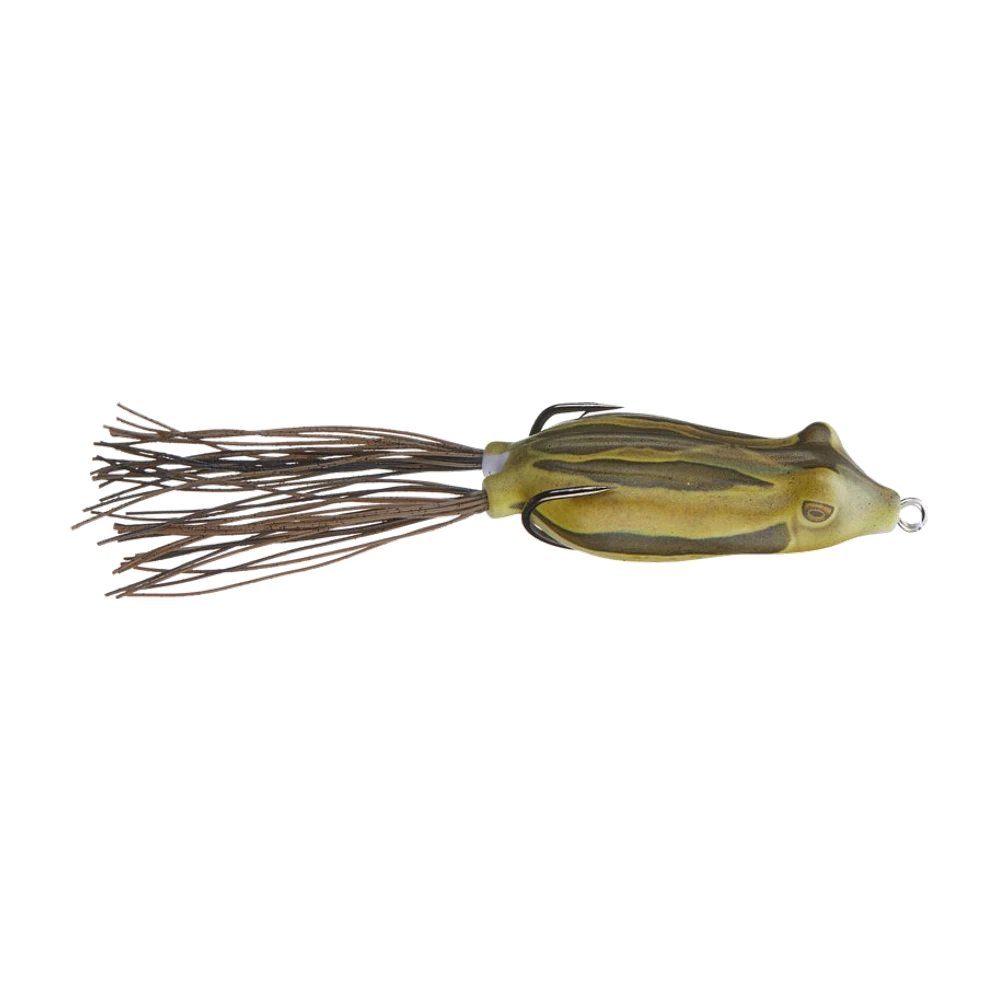 Snag Proof Phat Frog de profil, corps creux large et aplati vert olive rayé de brun sombre, œil peint discret, anneau de tête fermé en métal brillant au bout du nez, hameçon double dont les deux pointes reposent le long du dos vers l'avant, jupe de brins caoutchouc bruns fixée très en arrière