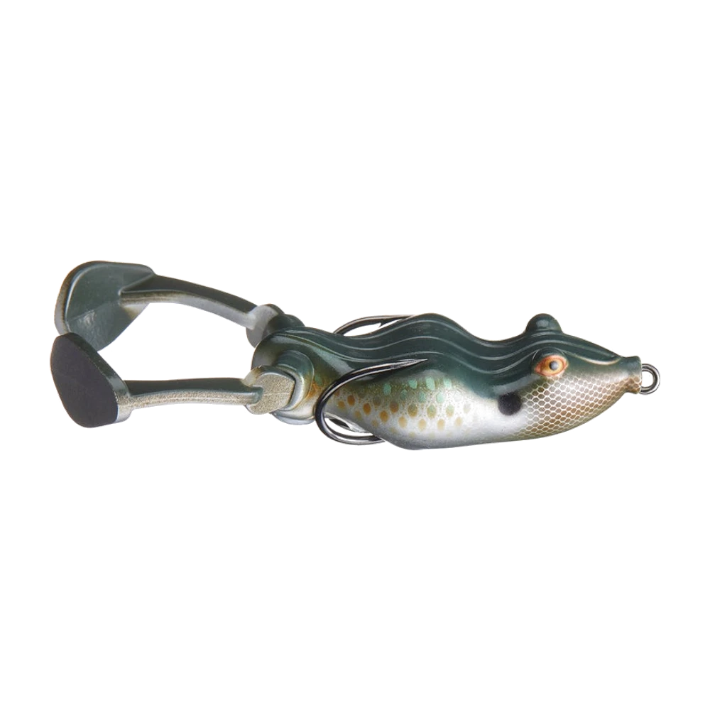 Snag Proof Zoo Kick, corps creux de frog à dos vert sombre ondulé et ventre clair tacheté d'orange et de vert d'eau, double hameçon plaqué sur le dos, deux pattes souples terminées par de larges palmes plates