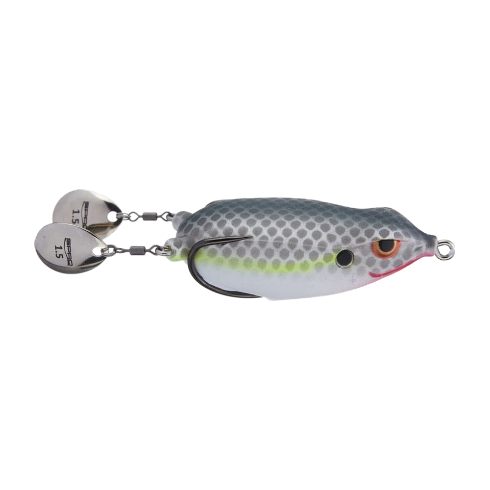 SPRO Bronzeye Blade Frog 65 de profil, corps creux écaillé gris-vert à bande latérale chartreuse et ventre blanc, hameçon double couché sur le dos, deux palettes Colorado nickel marquées 1.5 montées sur émerillons à l'arrière