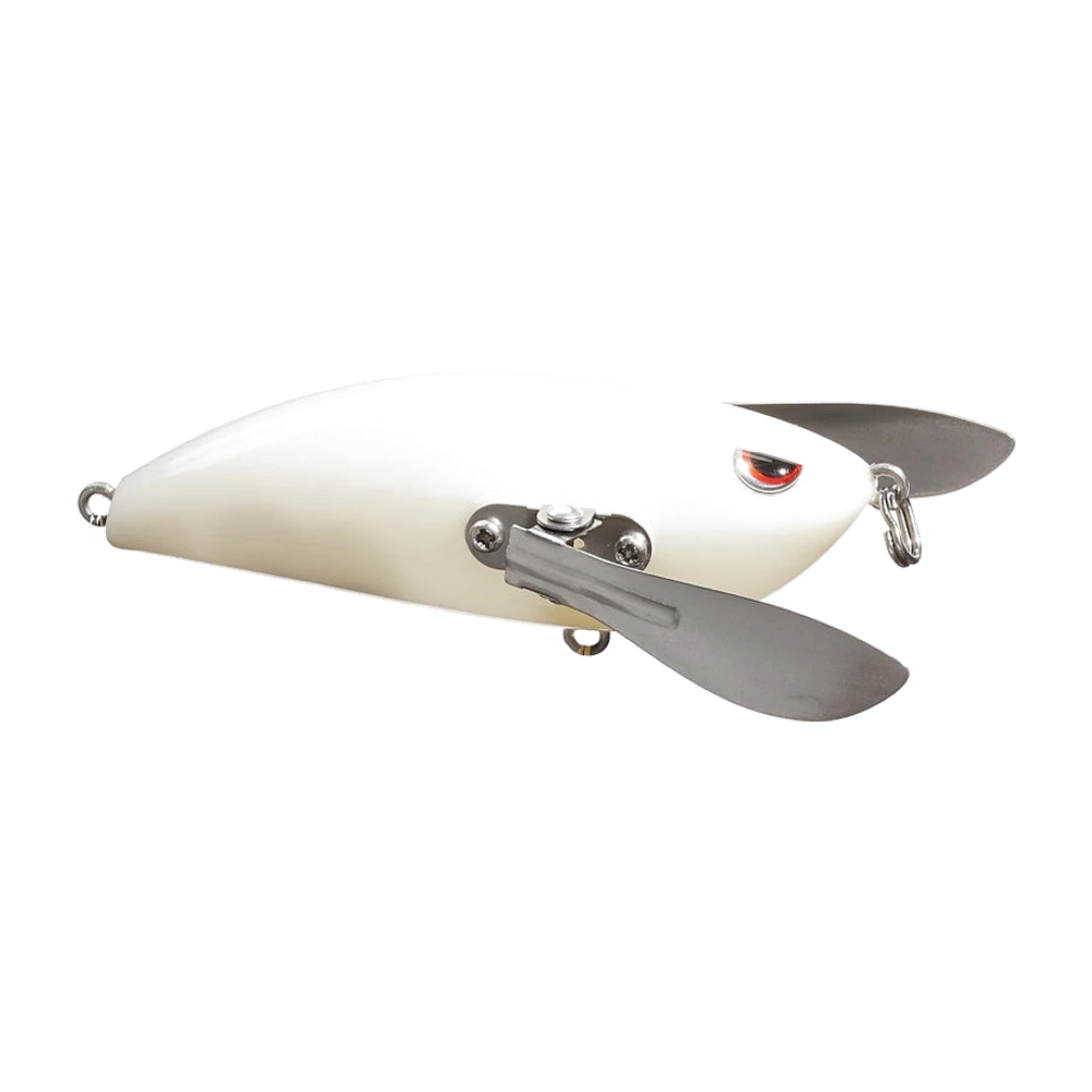 SPRO Creeper Topwater blanc os uni, corps de poisson fourrage sans armement, aile métallique articulée sur une platine vissée au flanc, œil 3D rouge et noir, anneau de tête et deux porte-hameçons à vis nus