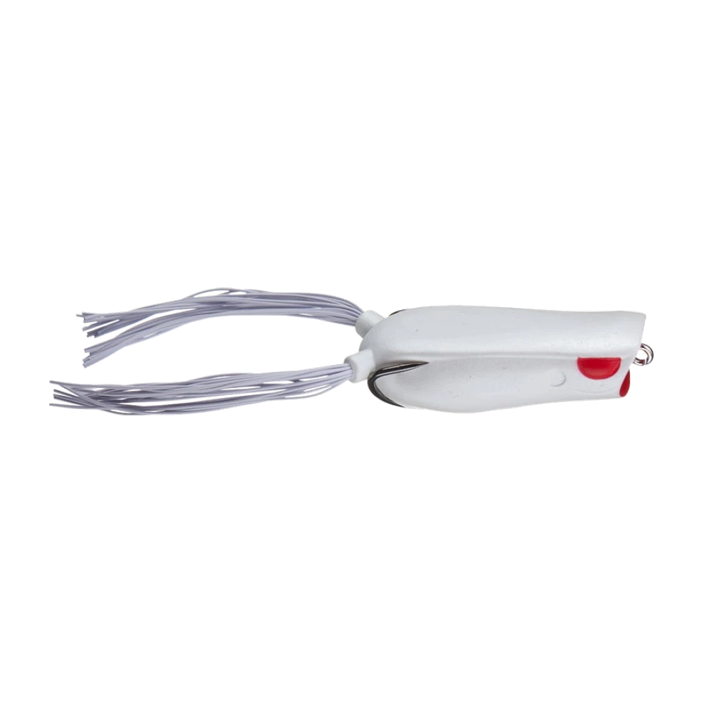 SPRO Dean Rojas Bronzeye Poppin' Frog 60 completamente bianco, corpo cavo con bocca scavata segnata da due macchie rosse, anellino di testa, amo doppio nichelato coricato lungo il dorso e due ciuffi di fili di gomma grigio chiaro sul retro