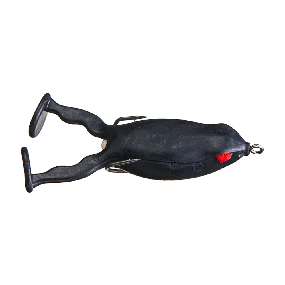 SPRO Essential Series Flappin Frog 65 completamente nero visto dall'alto, corpo cavo allungato, due grandi gambe piegate che terminano con una paletta piatta, amo doppio scuro con le due punte appoggiate ai lati del dorso, macchia rossa sul lato della testa e anellino metallico sul muso