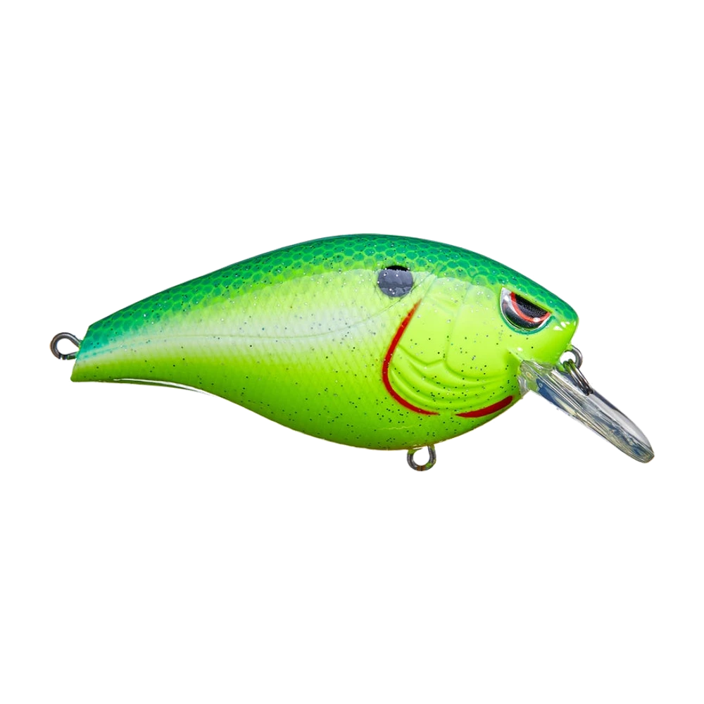 SPRO Essential Series Hunter 65, flancs chartreuse pailletés d'argent, dos vert écaillé, traits rouges aux ouïes, bavette translucide, leurre photographié nu sans triples montés