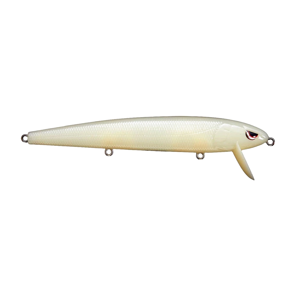 SPRO Essential Series Zero Minnow Wakebait ivoire nacré à écailles discrètes, œil rouge et noir, bavette étroite et pointue moulée dans la même matière que le corps, leurre photographié nu avec trois anneaux porte-hameçons vides
