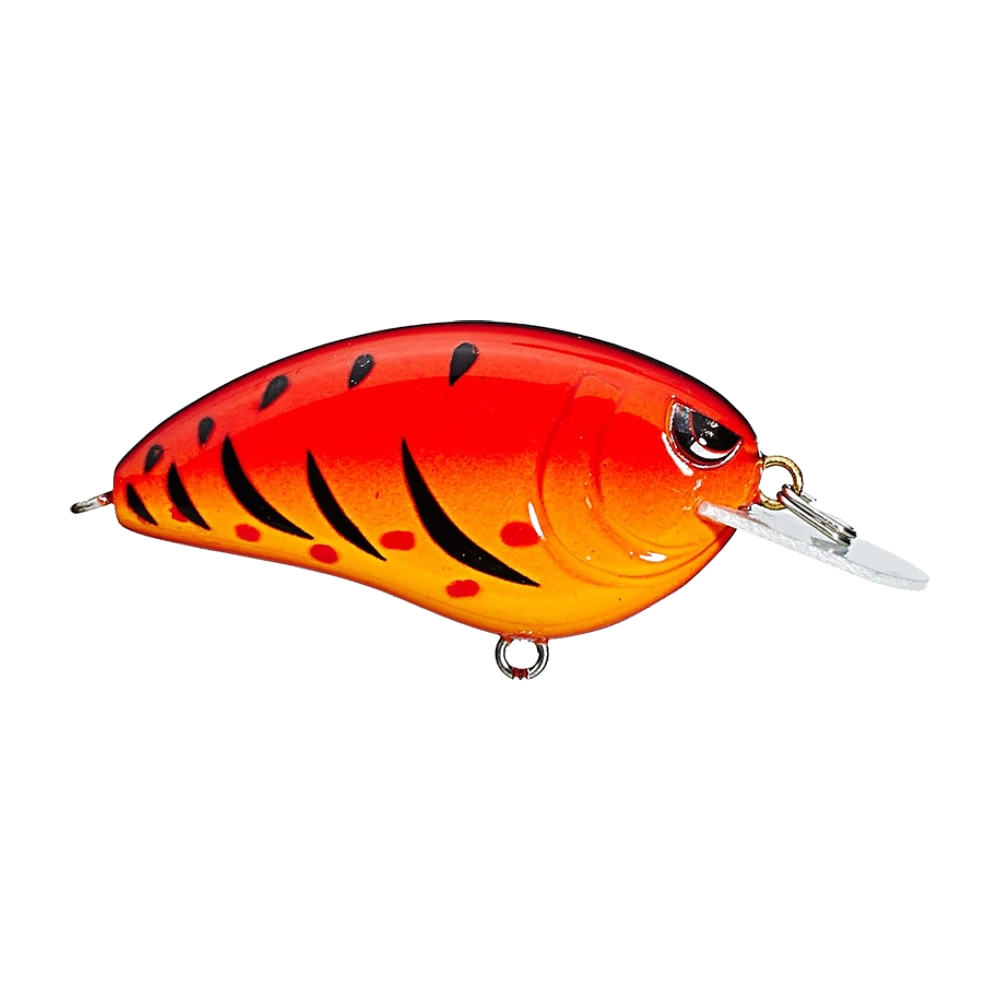 SPRO Little John 50 coloris écrevisse rouge-orangé, barres noires et points rouges sur le flanc, bavette blanche opaque en plaque de circuit, œillet laiton et anneau brisé, leurre photographié nu sans triples