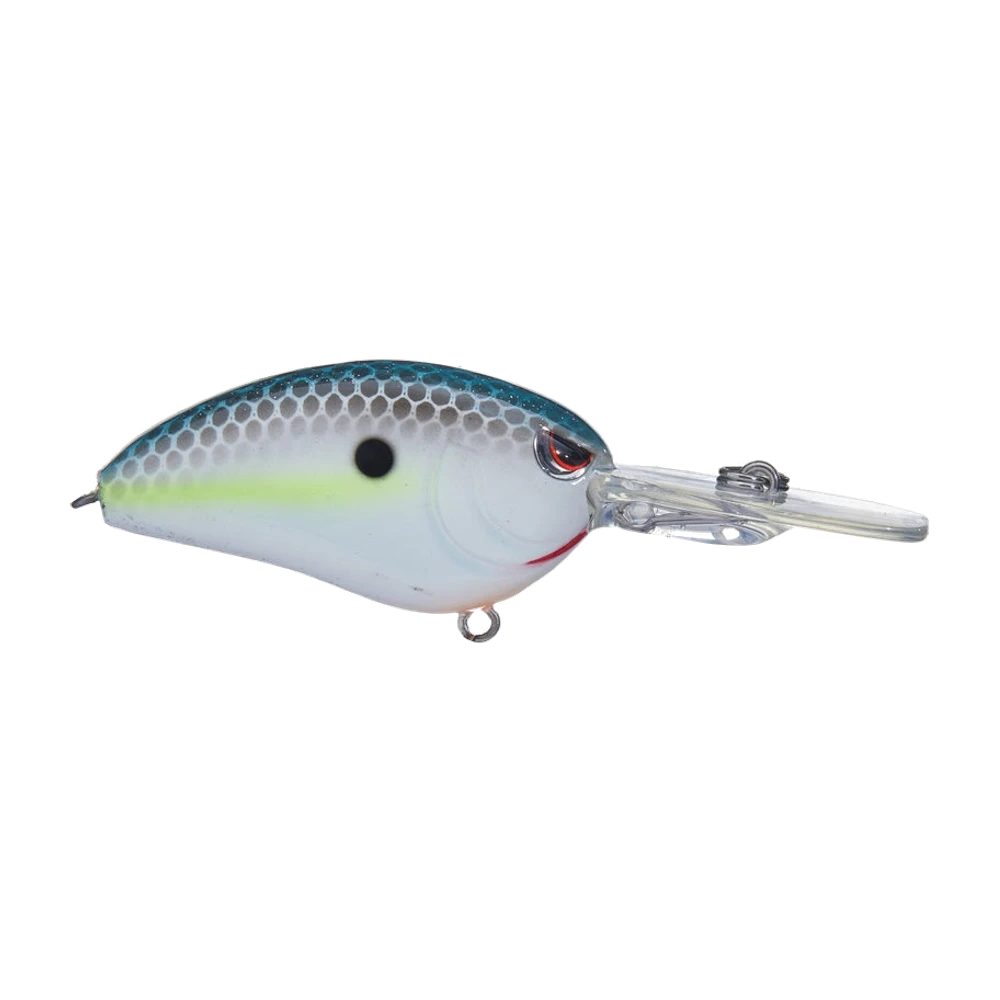 SPRO Little John Micro DD 45 coloris shad, dos bleu-vert à motif alvéolé, flancs blanc nacré, bande chartreuse, point noir et trait rouge aux ouïes, longue bavette transparente avec anneau brisé, leurre photographié nu sans triples