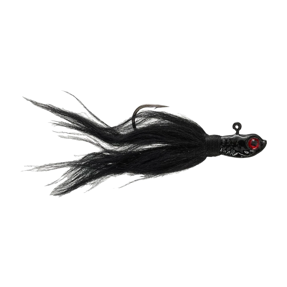 SPRO Phat Fly noir, tête plombée sculptée en forme de poisson avec œil 3D rouge, anneau de tête vertical, fibres synthétiques noires serrées par un fil de montage noir, hameçon simple pointe en haut