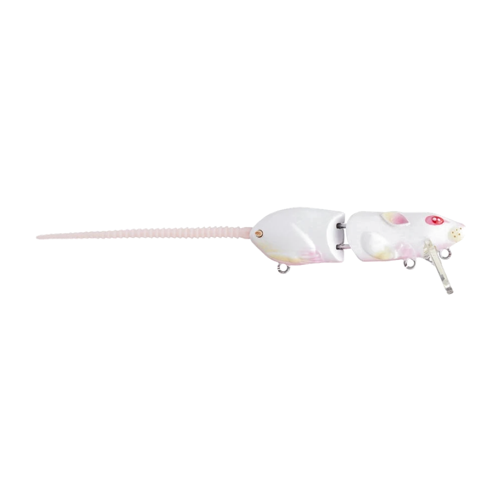 SPRO Rat Wakebait coloris blanc albinos à oreilles roses et œil rouge, corps articulé en deux parties, petite bavette carrée translucide, longue queue souple rose annelée, trois anneaux brisés en place sans triples montés