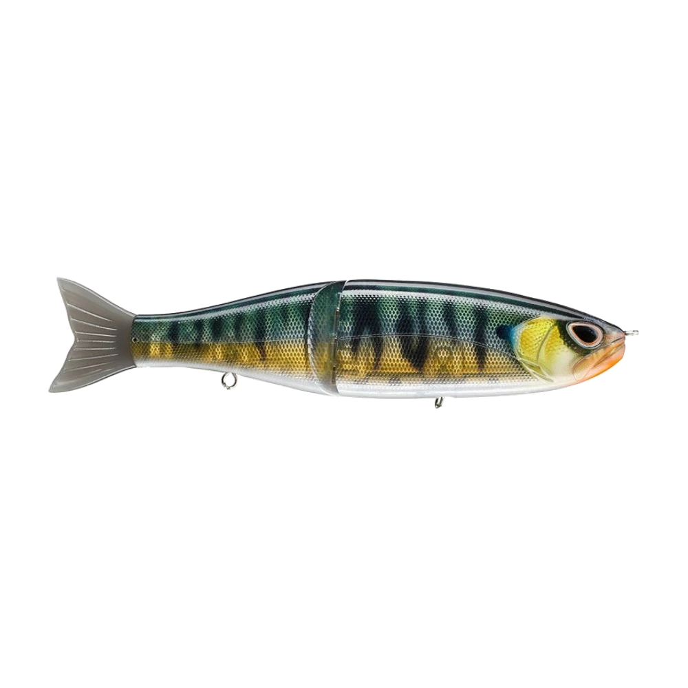 Storm Arashi Glide, zweiteilig gegliederter Glidebait im Barschdekor mit olivgrünem Rücken, schwarzen Querbinden über goldenen Flanken, grau durchscheinendem Weichschwanz und zwei blanken Bauchösen ohne montierte Drillinge