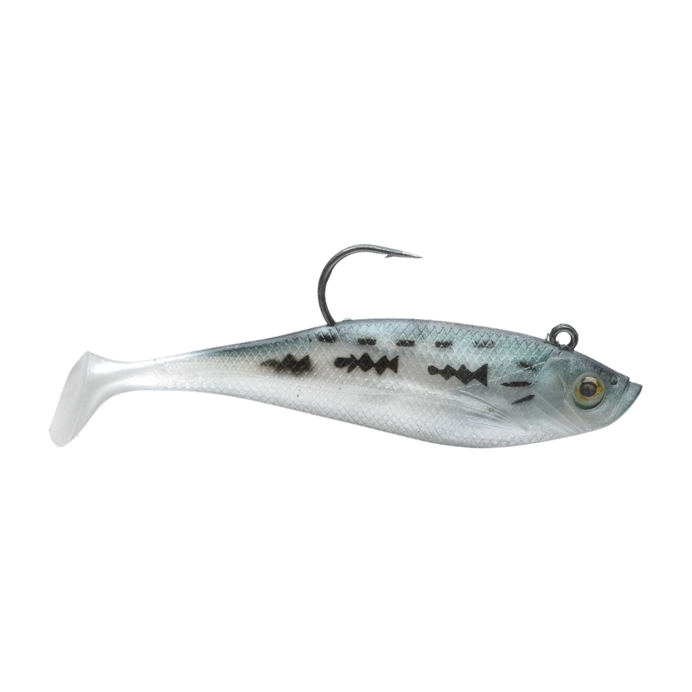 Shad souple Storm WildEye Swim Shad, finition perlée argentée avec dos tacheté et hameçon apparent