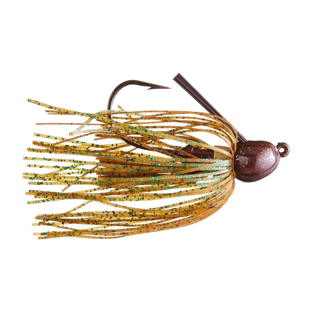 Strike King Bitsy Bug Jig, tête compacte brun foncé pailletée rouge et or, jupe silicone brun doré à paillettes vertes, garde fibre brune en éventail, hameçon simple bronze et anneau d'attache sorti à l'arrière de la tête