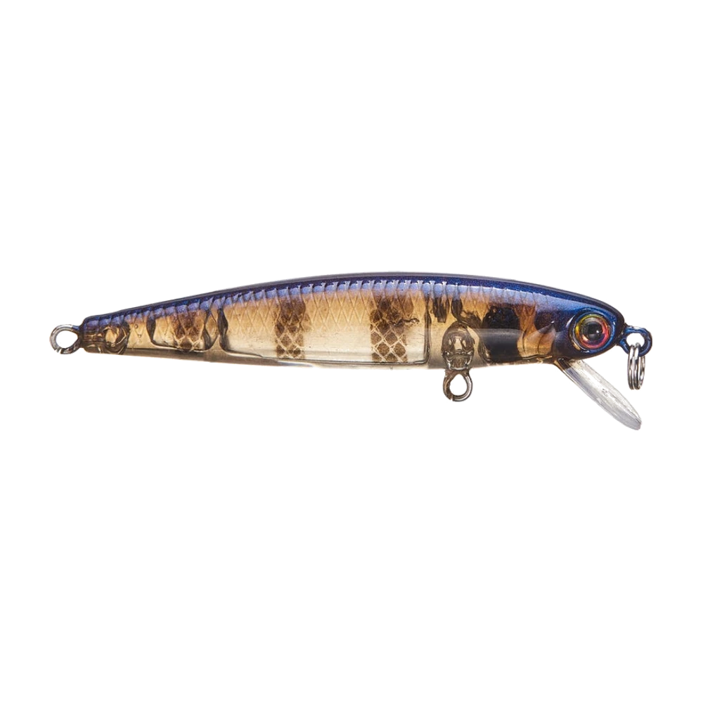 Strike King Bitsy Jerkbait, piccolo jerkbait dal corpo traslucido ambrato marezzato di marrone, dorso blu violaceo iridescente, paletta corta in plastica trasparente, occhio 3D rosso e oro, fotografato senza ancorette con un anello spezzato sul muso e due attacchi nudi