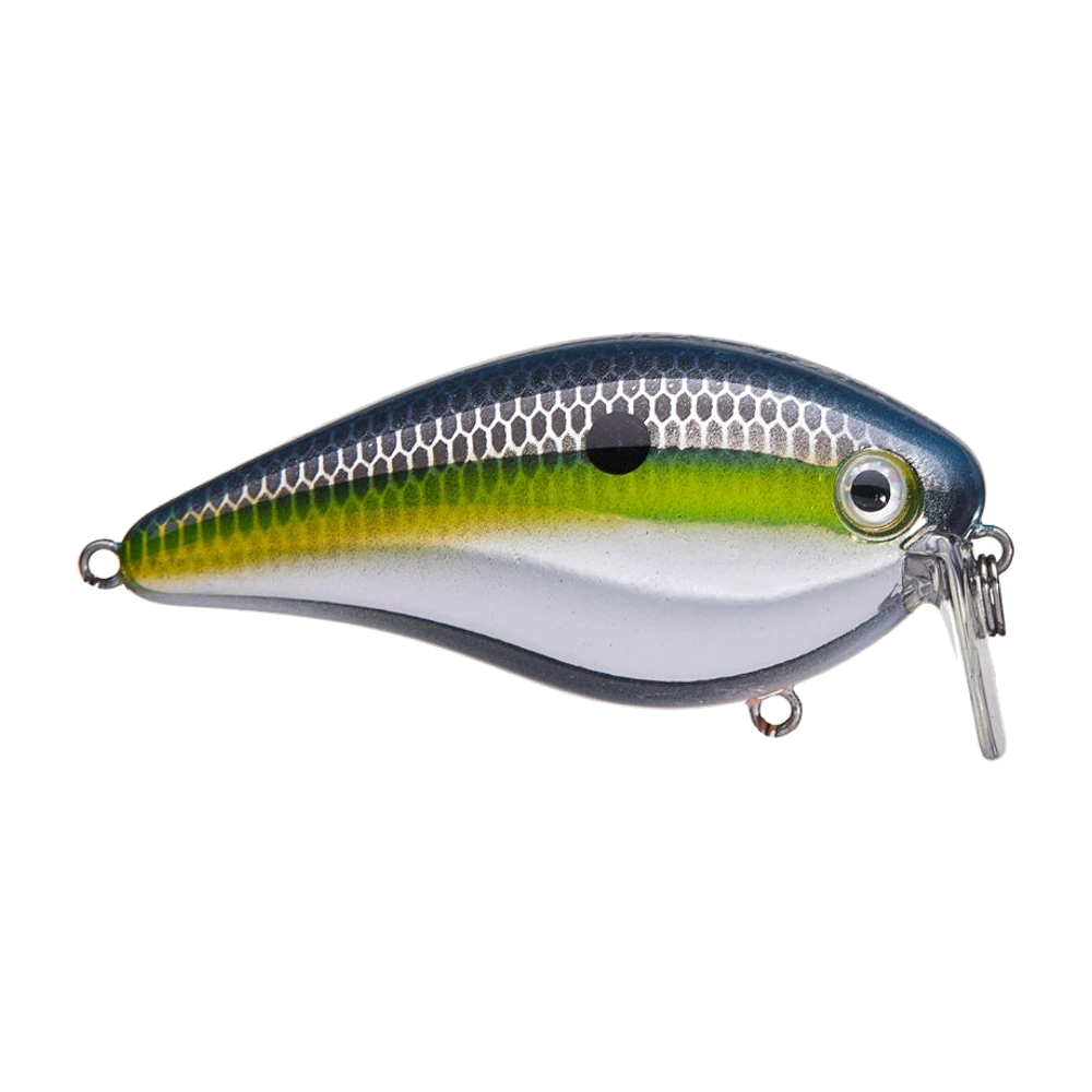 Strike King HC KVD Wakebait fotografiado sin anzuelos montados, dorso azul negruzco con dibujo de escamas, flanco plateado cruzado por una banda verde chartreuse, vientre blanco, ojo grande con aro dorado y pala corta transparente casi vertical con una anilla partida