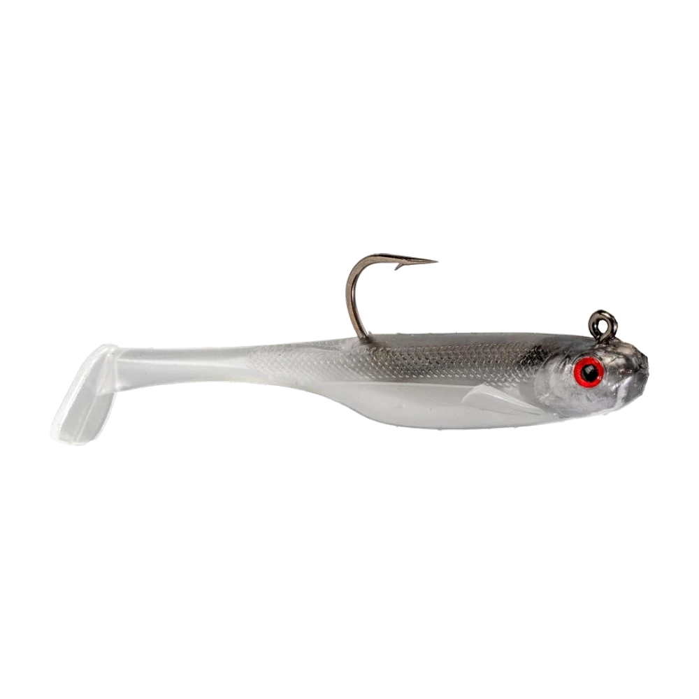 Strike King Homing Minnow Swimbait, corps souple nacré translucide à dos gris écaillé, oeil rouge, hameçon simple pointe en l'air sortant du dos et anneau de traction vertical planté sur le dessus de la tête, caudale paddle blanche rectangulaire