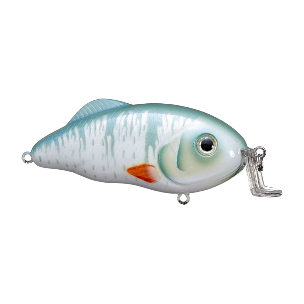 Strike King Hybrid Hunter Jr. ohne montierte Haken fotografiert, hochrückiger gedrungener Shad-Körper mit blassblauem Rücken und perlmuttfarbenen, weiß gestreiften Flanken, orangefarbene Brustflosse, großes realistisches Auge und kurze klare, L-förmig abgewinkelte Tauchschaufel mit einem Sprengring