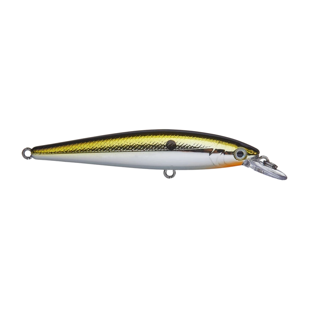 Strike King KVD 100 Jerkbait nackt fotografiert, ohne montierte Drillinge, goldener Schuppenrücken mit schwarzer Rückenlinie, perlweiße Flanke, orange Kehle, kurze durchsichtige Tauchschaufel