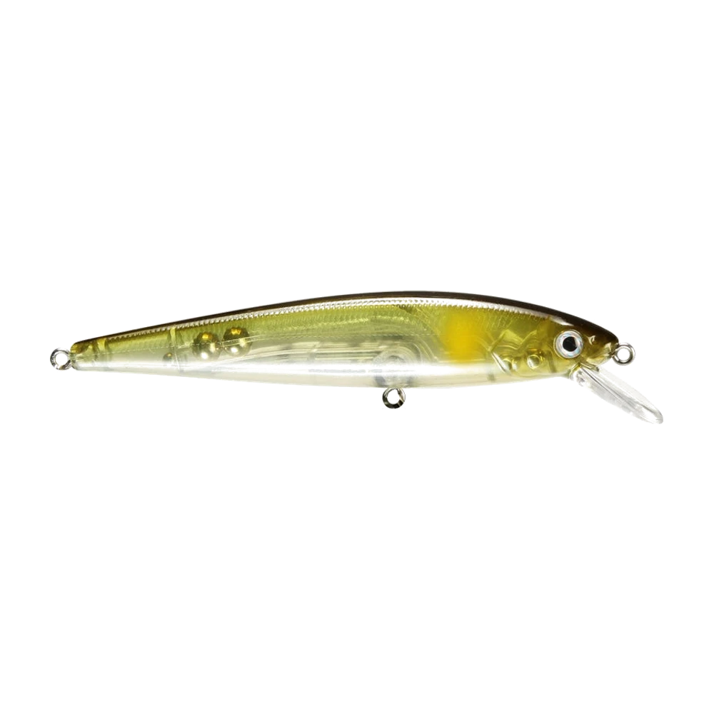 Strike King KVD 200 Jerkbait ohne montierte Haken fotografiert, durchscheinender Körper mit oliv-goldenem Rücken und dunkler Rückenlinie, zwei goldene Kugeln im Körperinneren sichtbar, lange durchsichtige Tauchschaufel