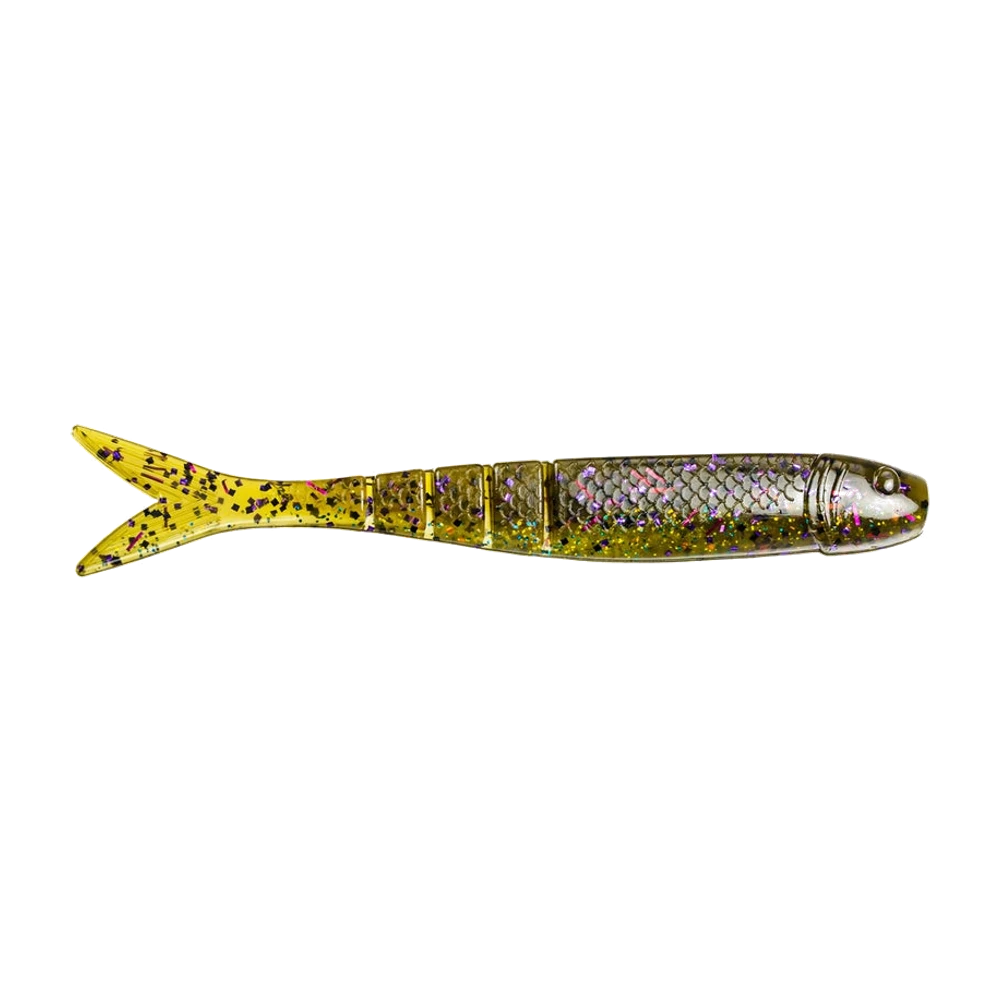 Strike King KVD Perfect Plastic Blade Minnow, corps translucide vert olive doré chargé de paillettes violettes, roses et noires, flanc à écailles moulées, segments transversaux sur l'arrière, queue fourchue jaune translucide