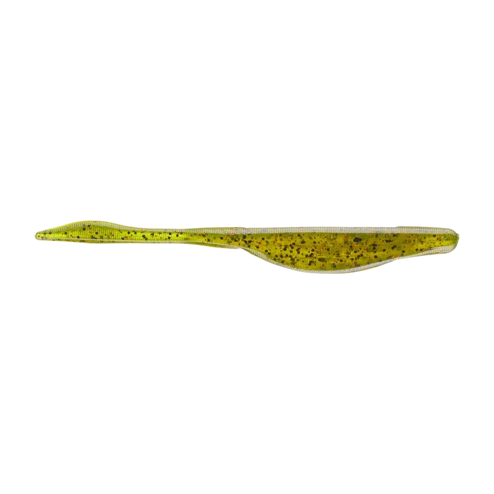 Strike King Caffeine Shad da 5 pollici, corpo allungato translucido chartreuse carico di glitter neri, dorati e arancio, bordatura perlata su dorso e ventre, rigonfiamento arrotondato prima di una punta di coda sottile