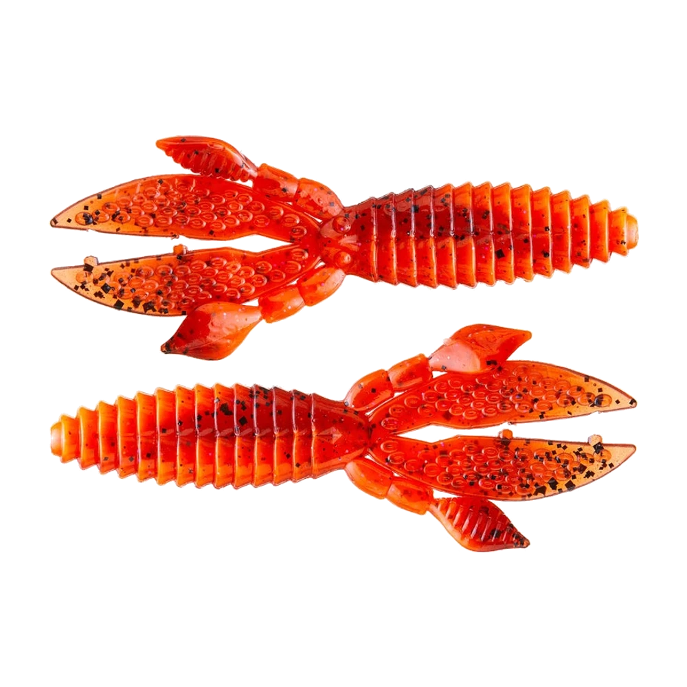 Zwei Strike King KVD Perfect Plastic Rodent in 4 Zoll in durchscheinendem Orange mit schwarzem Glitter, geringelter sich verjüngender Körper, zwei breite flache Flossen voller runder Noppen, geringelte Fühler und eine kurze mittige Anhangsform