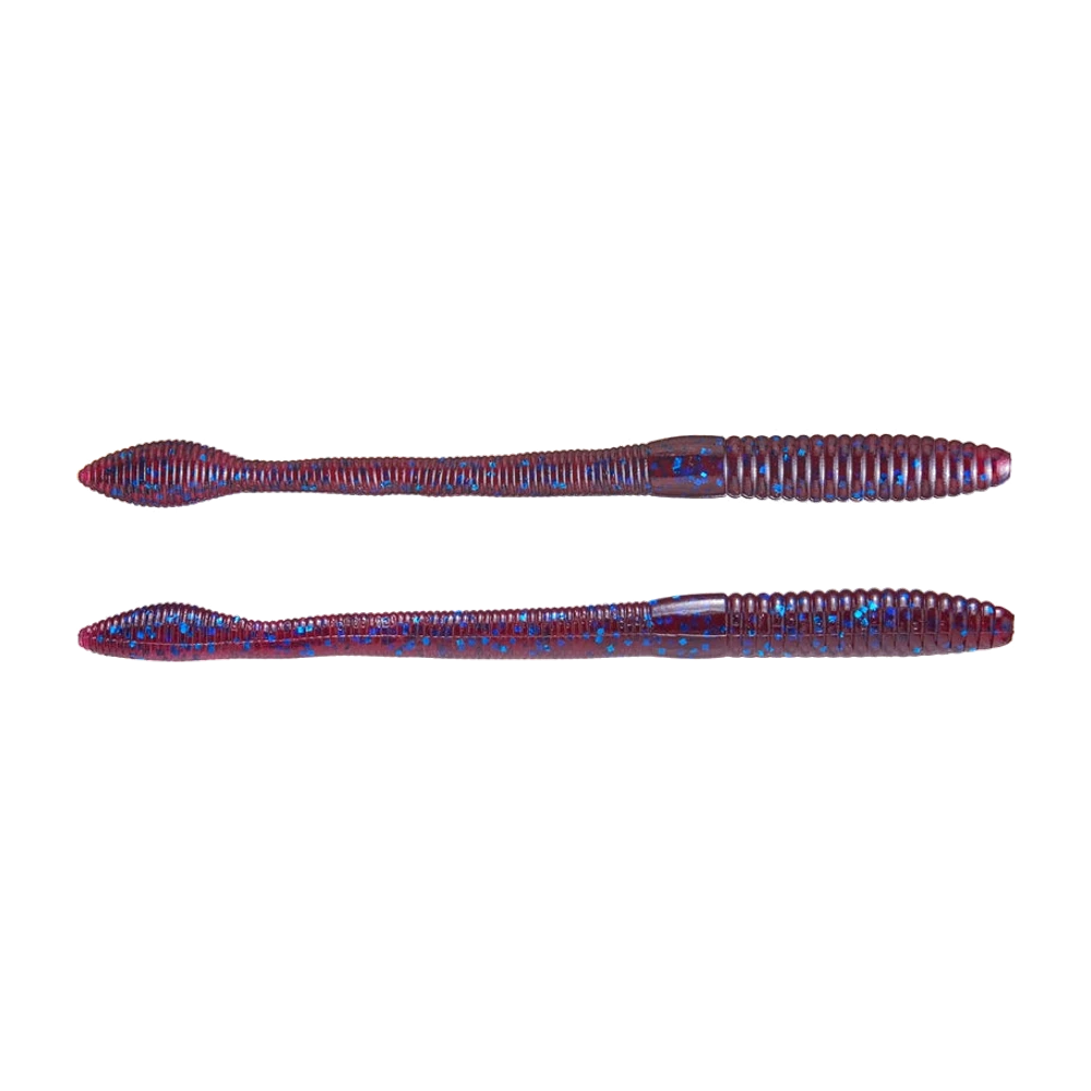 Strike King Fat Baby Finesse Worm, zwei pure Köder in durchscheinendem Pflaume mit blauem Glitter, über die ganze Länge geringelter Körper