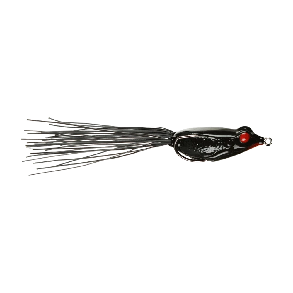 Strike King KVD Sexy Frog komplett schwarz, rote Augen, Rock aus weichen grauen und schwarzen Fäden, Doppelhaken am Rücken anliegend und metallene Nasenöse