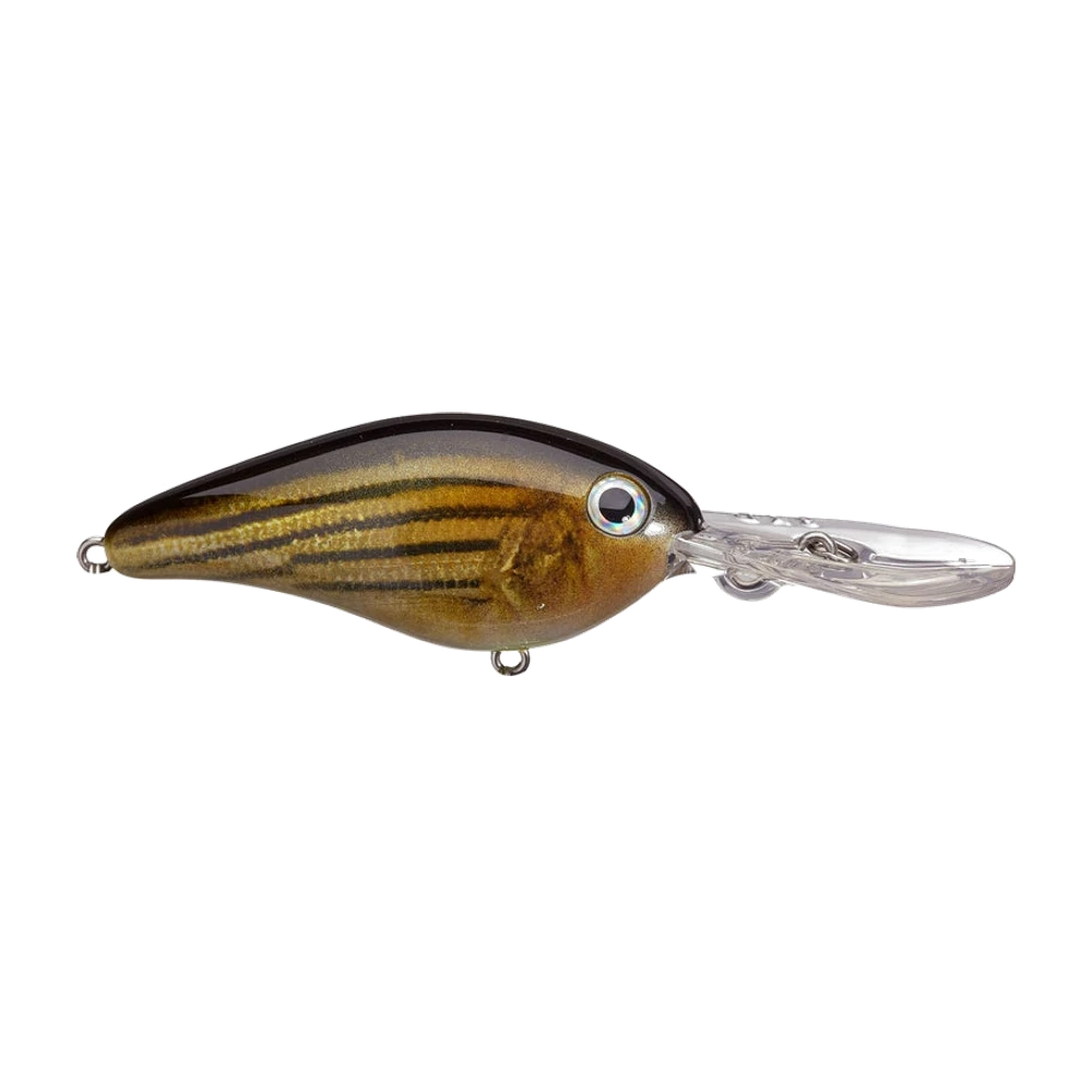 Strike King Pro Model 8XD, corpo dorato glitterato con dorso nero e barre verticali scure, grande occhio olografico, lunga paletta traslucida, anellini nudi senza ancorette