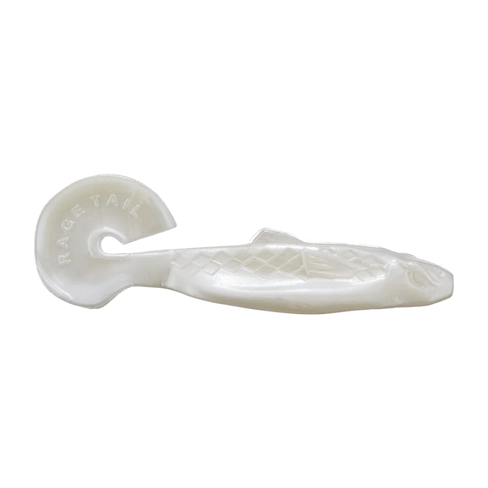 Strike King Rage Buzz Minnow blanc nacré, corps de poisson avec écailles et nageoires moulées, crête dorsale en relief, large queue en cuillère gravée Rage Tail