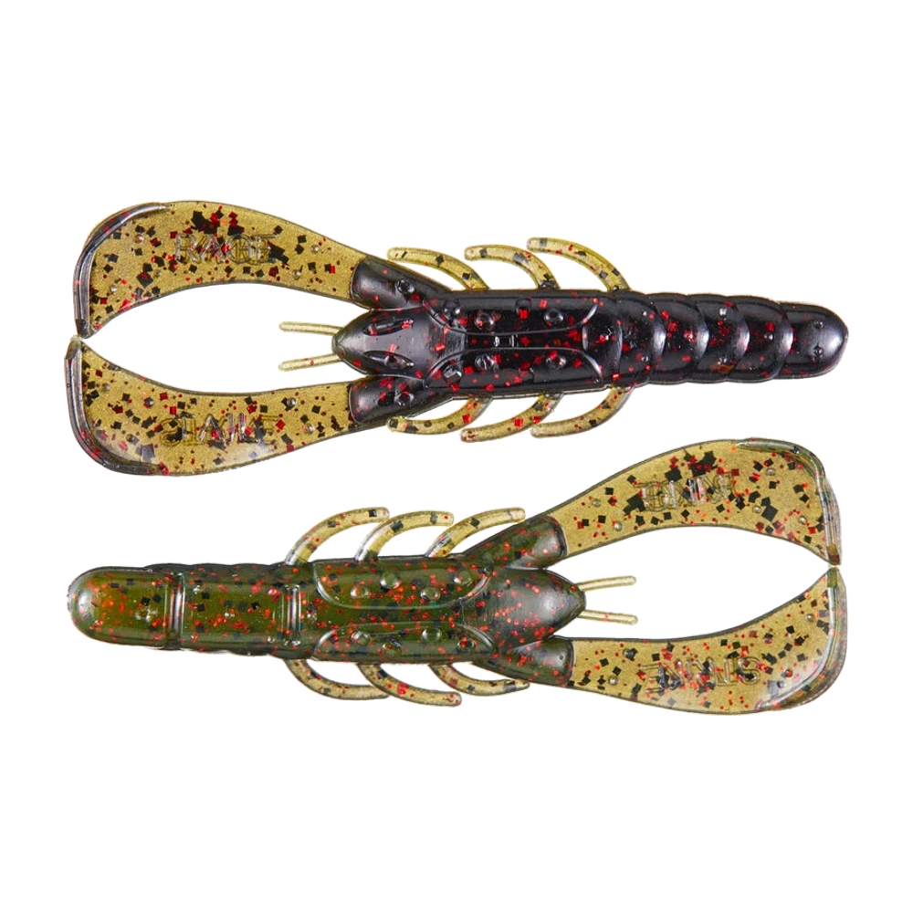 Deux Strike King Rage Scounbug nus, corps sombre à paillettes rouges et pinces plates vert doré gravées Rage Tail, antennes et pattes moulées
