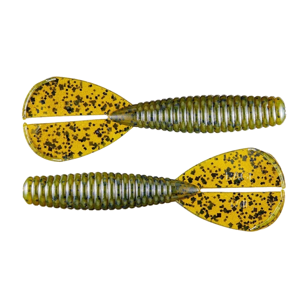 Strike King Rage Twin Tail Menace Grub nudo, corpo anellato verde pumpkin con glitter e due larghe code piatte dorate translucide divise da una fessura