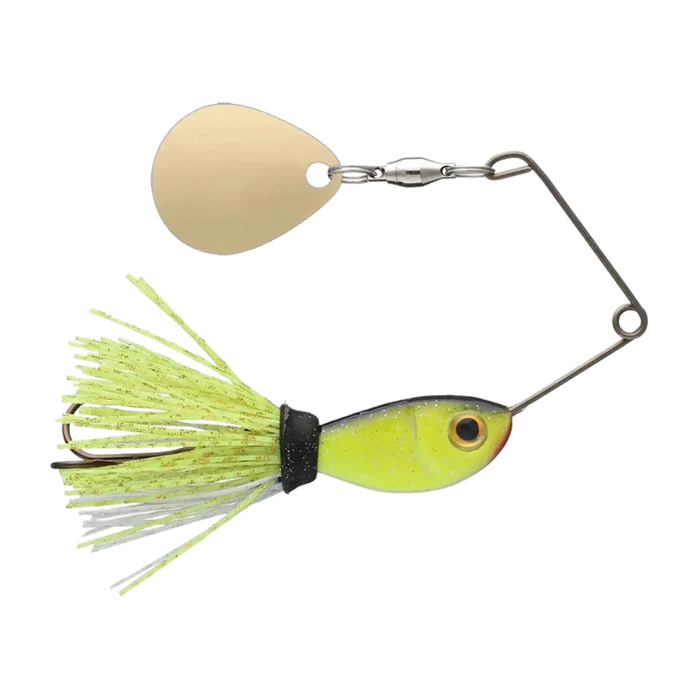 Strike King Rocket Shad, Spinnerbait mit fischförmig lackiertem Kopf in Chartreuse und Schwarz, einem goldenen Colorado-Blatt am Kugellagerwirbel, chartreuse-weißem Skirt und einem Einzelhaken