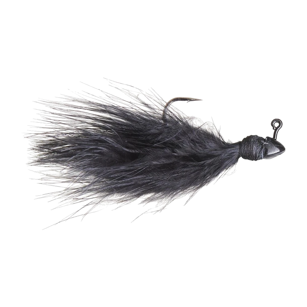 Strike King Tour Grade Hair Jig noir, tête plombée conique noire à œil coudé vers le haut, collerette de fil, marabou noir monté main, hameçon simple apparent pointe en haut