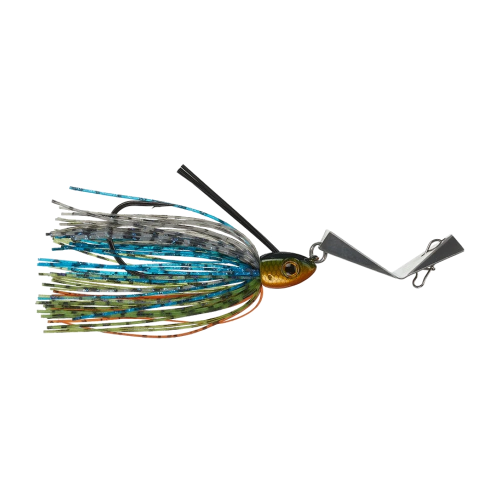 Teckel Bladewaker, tête plombée peinte en bluegill avec œil 3D, jupe silicone bleue argentée olive et orange, brosse anti-herbe noire, lame métallique allongée pliée en V reliée par un anneau brisé