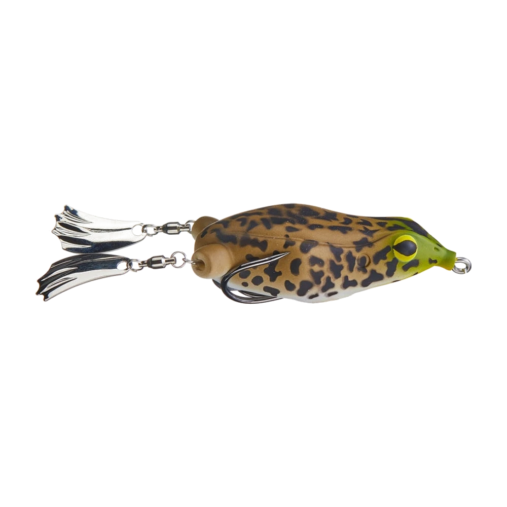 Teckel Honker Frog, corps creux brun tacheté de noir à ventre blanc et tête vert chartreuse, deux pattes métalliques chromées en forme de palme montées sur émerillons, hameçon double noir plaqué sur le dos