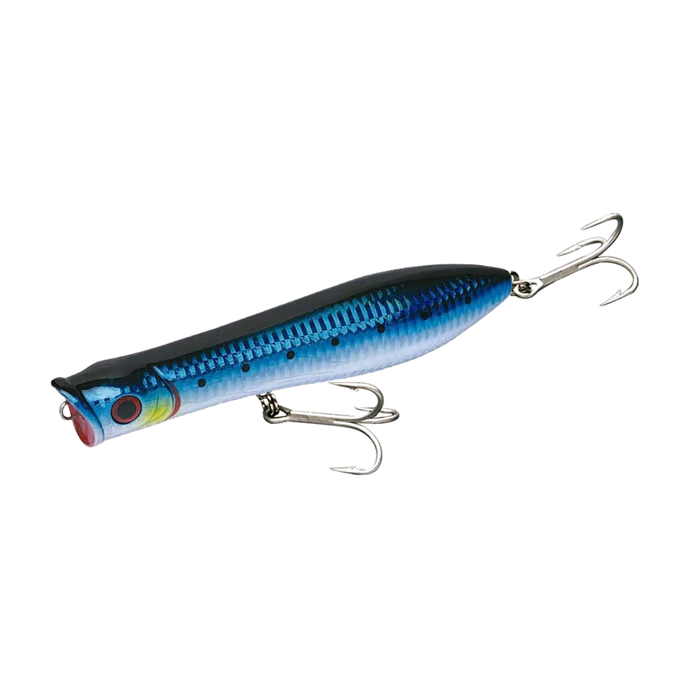 Tsunami Talkin' Popper in Blue Mackerel colour, barred blue back and white belly, with its rear propeller